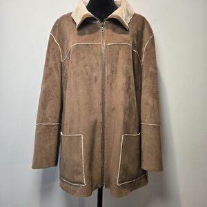 St John's Bay Jacket Coat XL Women's Y2k Faux Suede Fur Lined Full Zip 90s